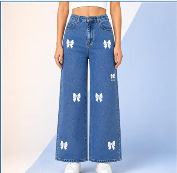 Girls Geometric Print Cotton Denim Jeans