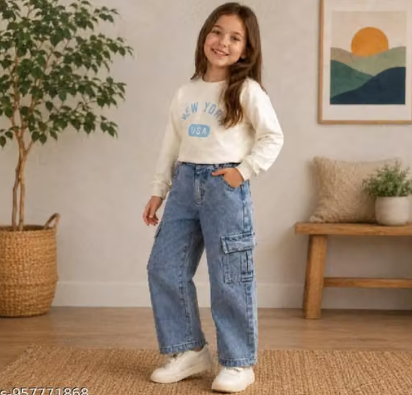 Girls Geometric Print Crepe Denim Jeans
