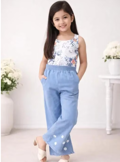 Girls Plain Linen Denim Jeans