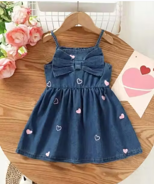 Girls Geometric Print Denim Party Frock