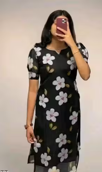 Women Printed Denim Straight Kurti