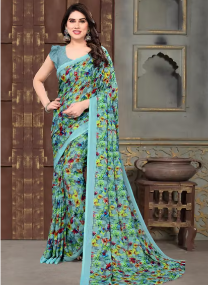 Women Geometric Print Denim Saree