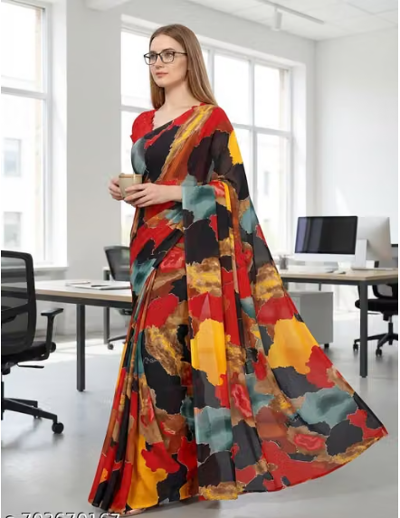 Women Checked Chiffon Saree