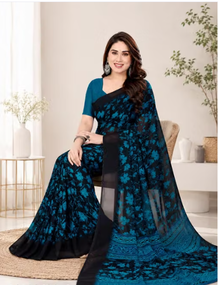 Women Checked Poly-Cotton Saree