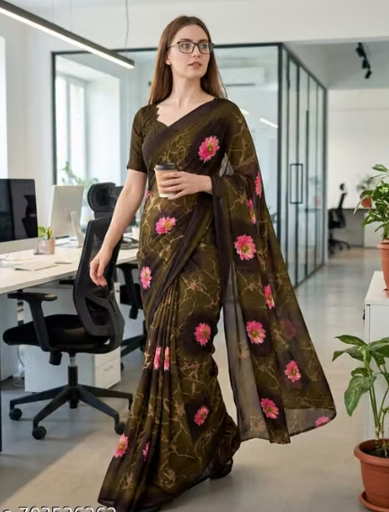 Women Geometric Print Denim Saree