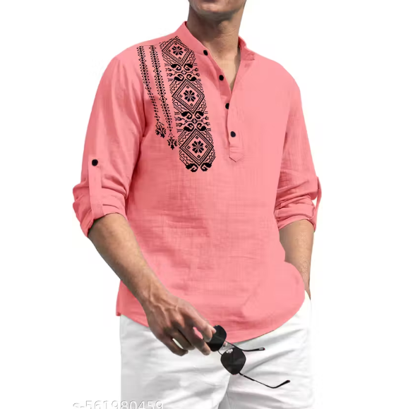 Men Geometric Print Georgette Cotton Kurta
