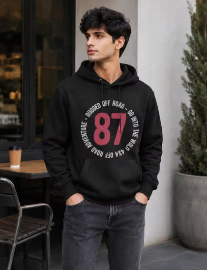 Men Plain Chiffon Fleece Hooded Sweatshirt