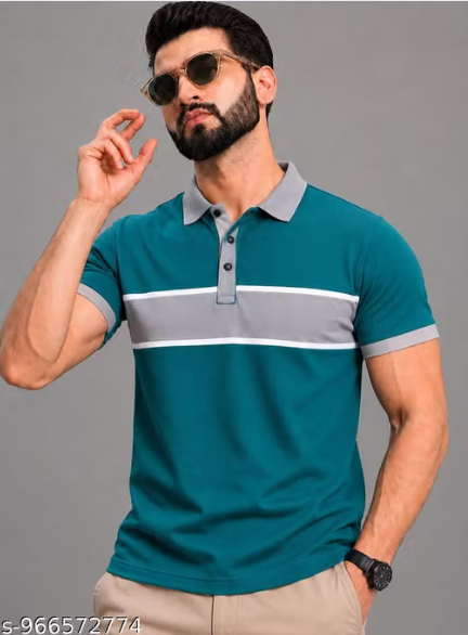 Men Geometric Print Denim Polo T-Shirt