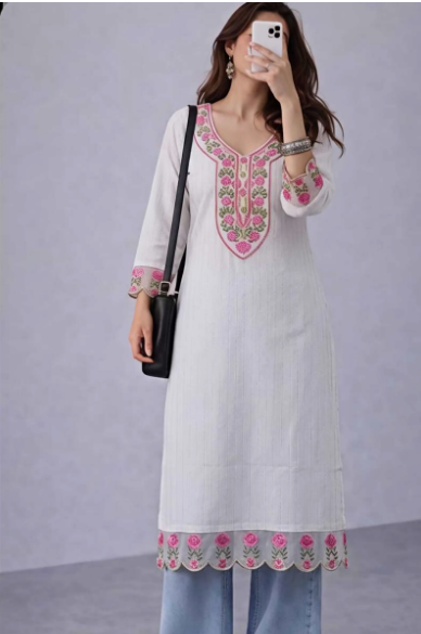 Women's Embroidered Boat Neck Kurti